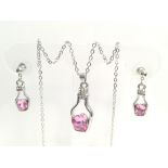 PRETTY SILVER BOTTLE EARRING AND NECKLACE SET PINK SWAROVSKI CRYSTAL