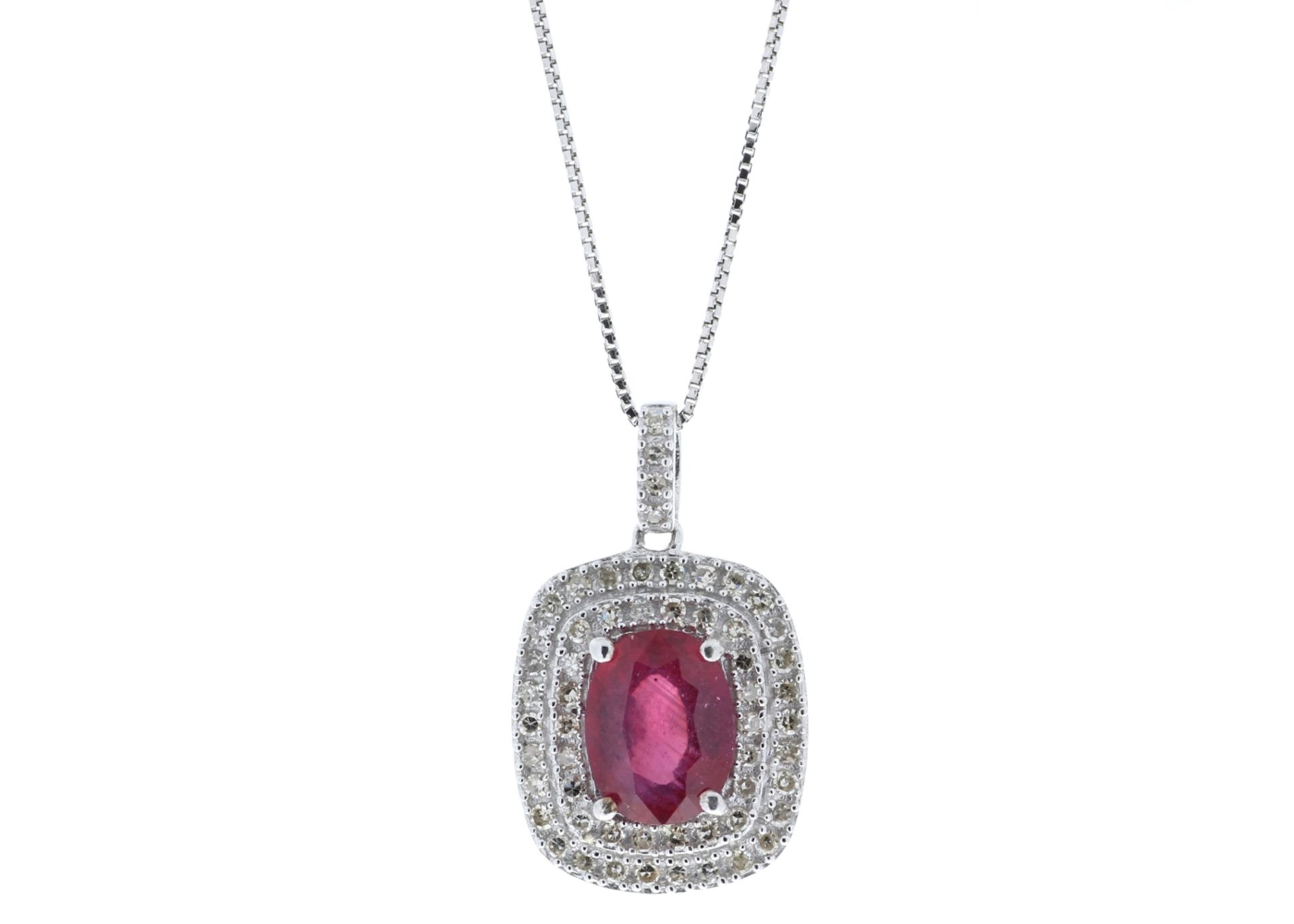 14ct White Gold Oval Ruby And Diamond Cluster Pendant 0.28