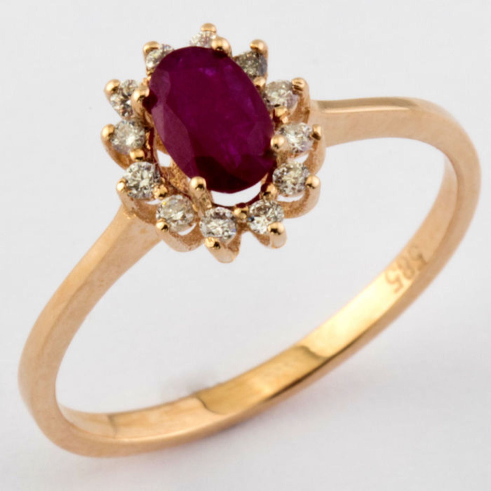 14K Pink Gold Cluster Ring Total:0,65ct,12 Pcs Brilliant Cut Round Diamond and 1 Natural Ruby