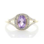 9ct Yellow Gold Amethyst And Diamond Halo Set Ring 0.21