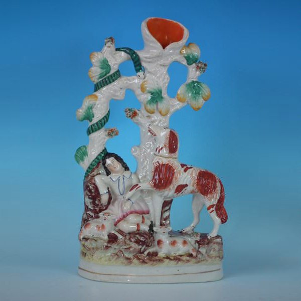 Staffordshire Pottery Spill Vase with Shepherd, Dog & Snake