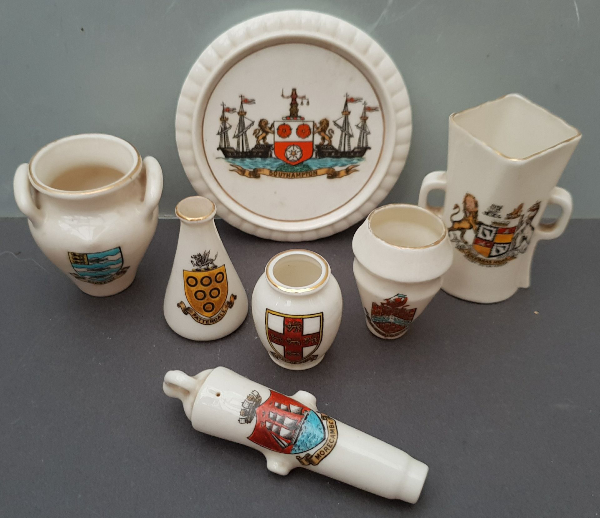 Antique Goss Crested China 7 Items Assorted Crests. They include Clovelly, Southampton,