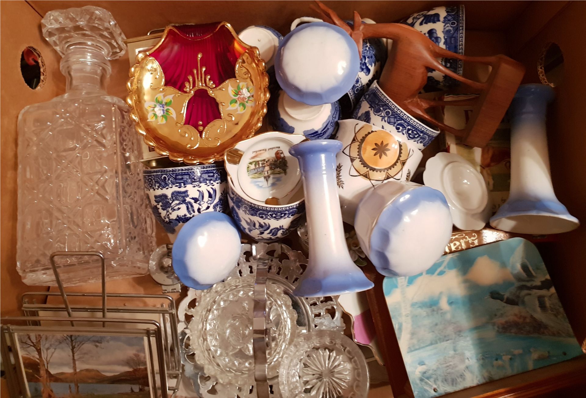 Vintage Retro Banana Box of Assorted Items Includes Blue & White Tea Cups Hats & Dog Related