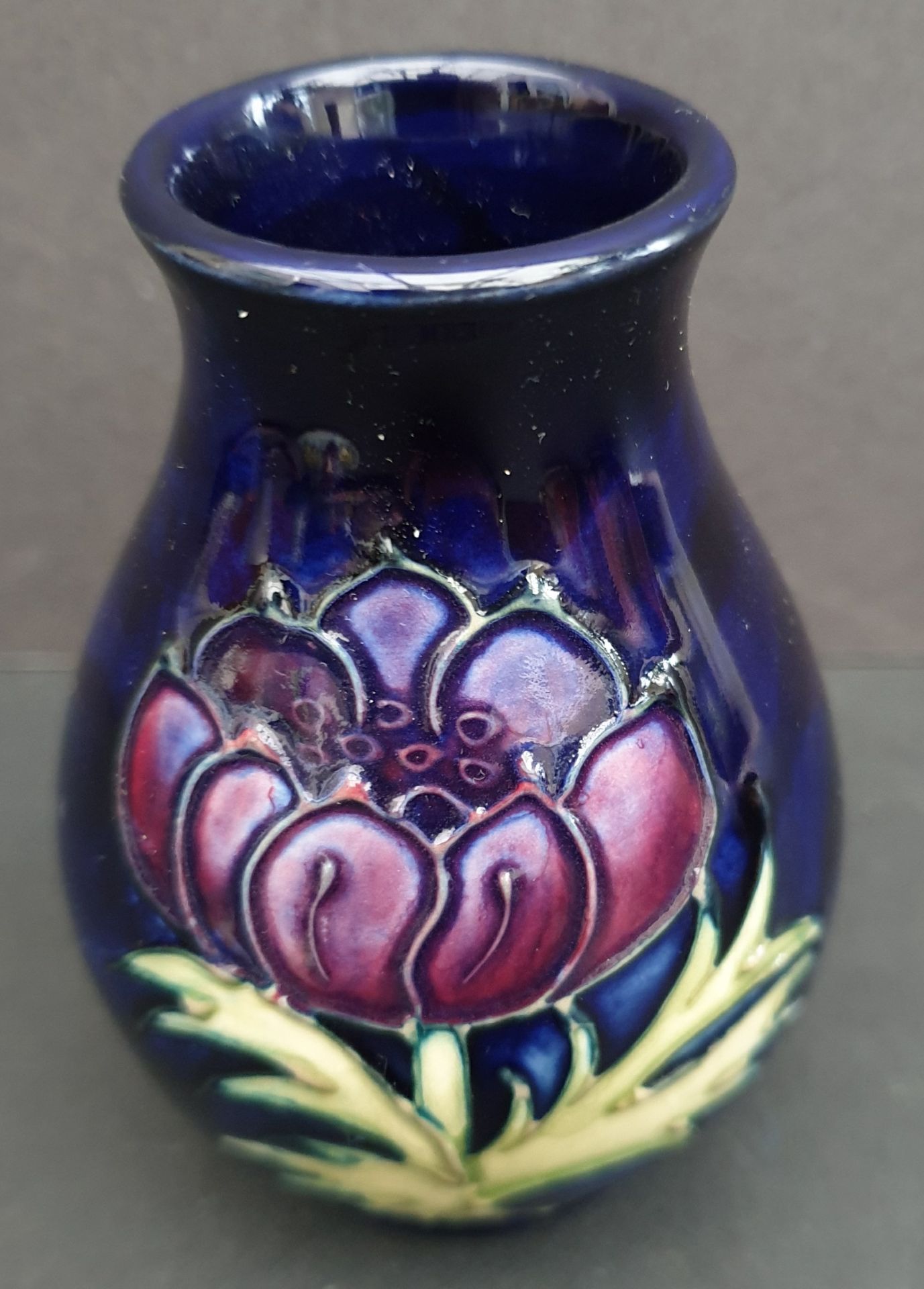 Vintage Collectable Moorcroft Vase Blue Ground 2 Flower Designs. Measures 8cm Tall. Part of a recent - Image 2 of 3