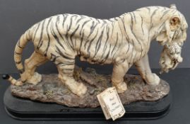 Vintage Academy Resin Figure White Tigress & Cub on Wood Plinth. Measures 15 inches long by 8 inches