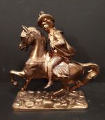 Vintage Retro Gilded Spelter Cowboy Figure On Horseback. Measures 8 inches tall by 9 inches wide.