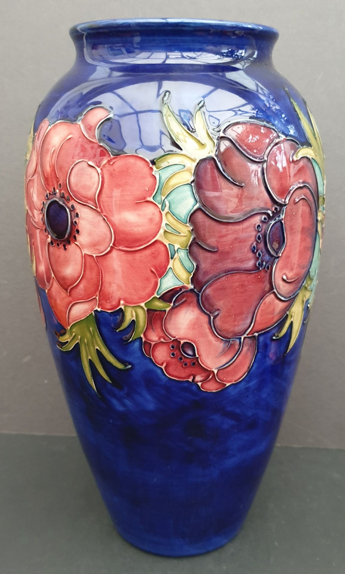 Vintage Collectable Moorcroft Vase 32cm Tall Blue Ground Assorted Flower Designs. Part of a recent