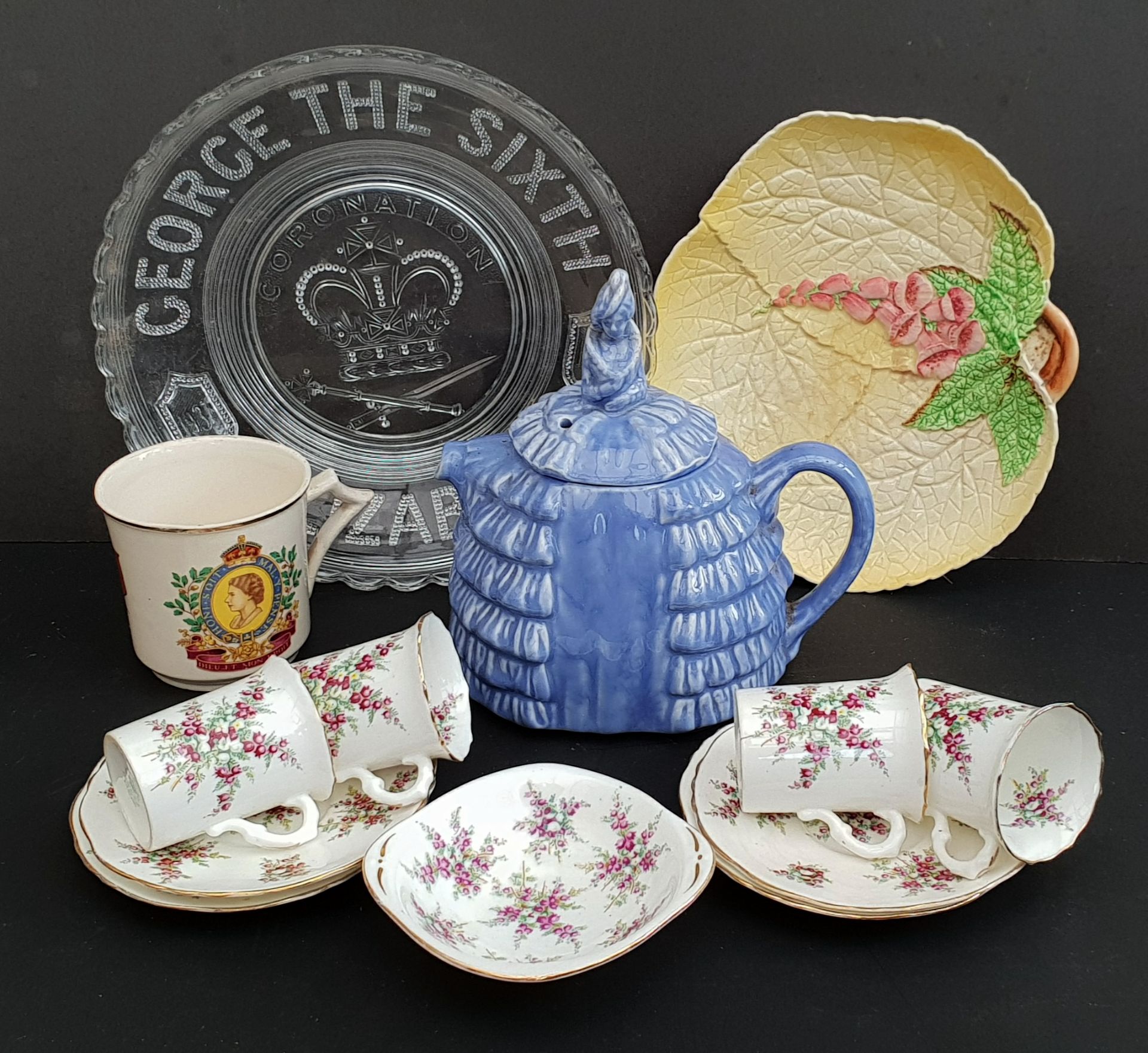 Antique Vintage Parcel of Commemorative Ware Tea Pot Hammersley Cups & Saucers & Carlton Ware.