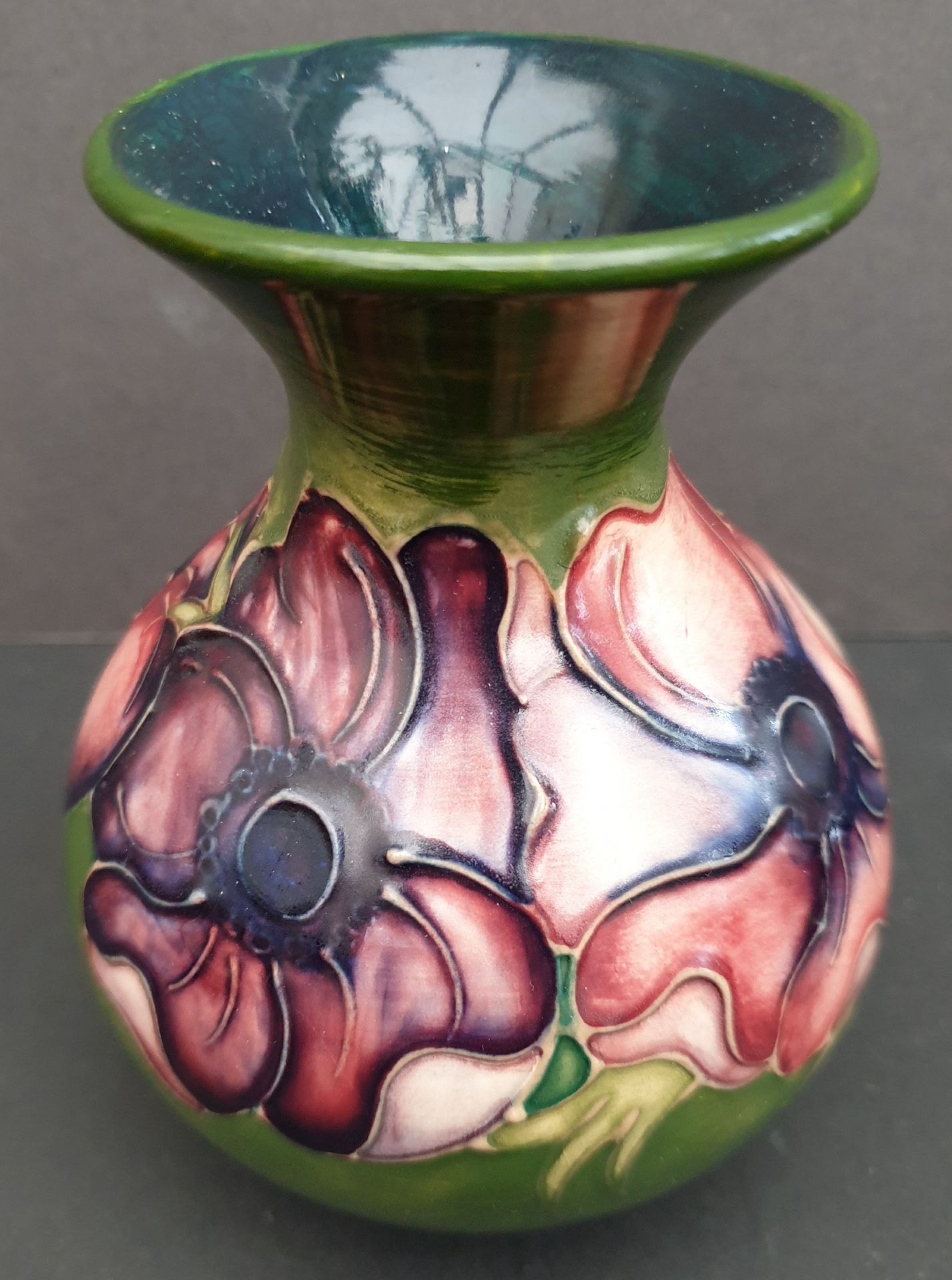 Vintage Collectable Moorcroft Vase Green Ground Poppy Flower Designs. Has a repair. Measures 12 cm