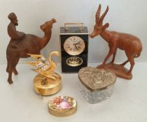 Vintage Retro Parcel of Items Includes Travel Clock Austrian Crystal Musical Swan & Trinket Boxes.