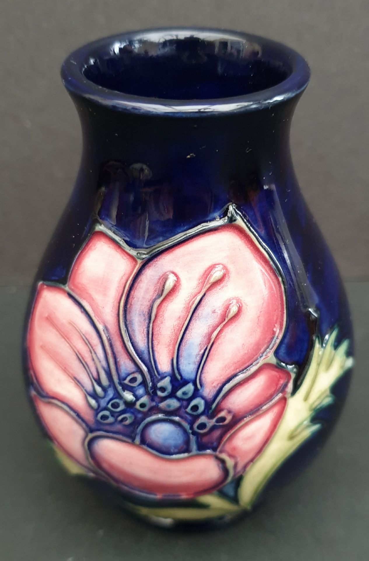 Vintage Collectable Moorcroft Vase Blue Ground 2 Flower Designs. Measures 8cm Tall. Part of a recent