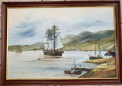 Vintage Oil Painting on Canvas Nautical Scene Signed H Barden. Measures 33 inches by 23 inches. Part