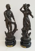 Antique 2 x Spelter Figures Pecheuse & Pecheur Fishing Figures. Each measure 40cm tall. Part of a