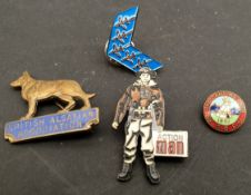 Vintage Retro Collection of 4 Enamel & Other Badges Includes Vintage Action Man Badge. Part of a