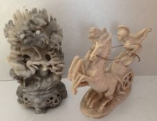 Vintage Chinese Carved Stone Statue plus a Figure Riding a Chariot. The Chinese carved stone is