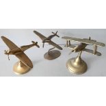 Vintage Retro 3 x Brass Model Aircraft on Display Stands Includes Spitfire. Part of a recent