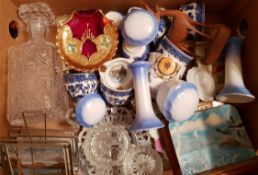 Vintage Retro Banana Box of Assorted Items Includes Blue & White Vintage Hats Dog Related China.