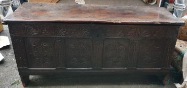 Antique Planked Coffer Chest c1600's With Internal Candle Box V Cut End Feet Original Hinges & Lock.