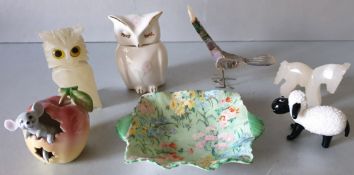 Antique Vintage Retro Parcel of Owl and Animal Figures Plus a Shelley Pin Dish. Part of a recent