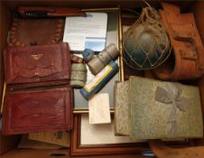 Antique Vintage Retro Banana Box of Items Includes Leaded Widow 1st Aid Items Leather Items and
