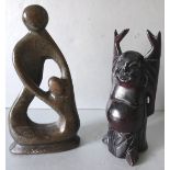 Vintage Retro Kitsch 2 Carved Sculptured Figures. One Carved From Stone One Carved From Wood