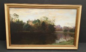 Antique Art Oil On Canvas Painting Country Scene Glazed and Framed 14 inch by 22 inch Signed J.