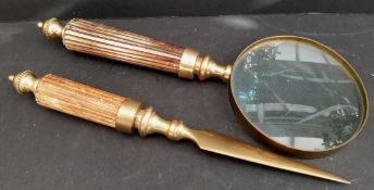 Vintage Retro Brass Magnifying Glass and Letter Opener. The magnifying glass measures 10 inches long