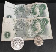 Antique Vintage 2 x Silver Sports Military Navy Medals and 2 x Bank of England One Pound Note. The