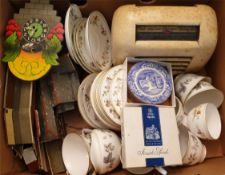 Vintage Retro Banana Box of Assorted Items Includes Ceramics Pottery Radio Model Rail and Clock