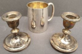 Antique Sterling Silver Tankard Sheffield 1906 and Pair of Candle Sticks Birmingham 1919. The