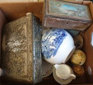 Antique Vintage Retro Banana Box of Assorted Items includes Tins Preserve Pots and Large Jug. Part