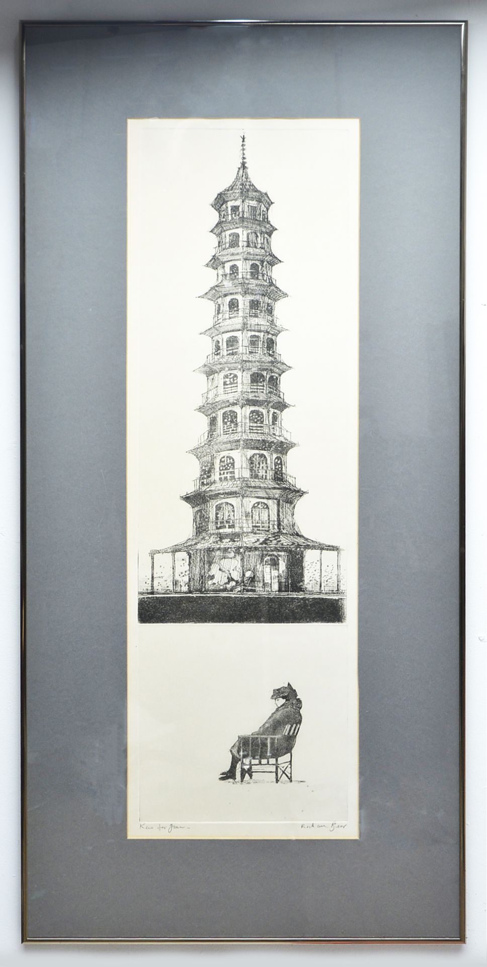 Signed and titled stone lithograph of the Pagoda at Kew Gardens.