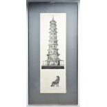 Signed and titled stone lithograph of the Pagoda at Kew Gardens.