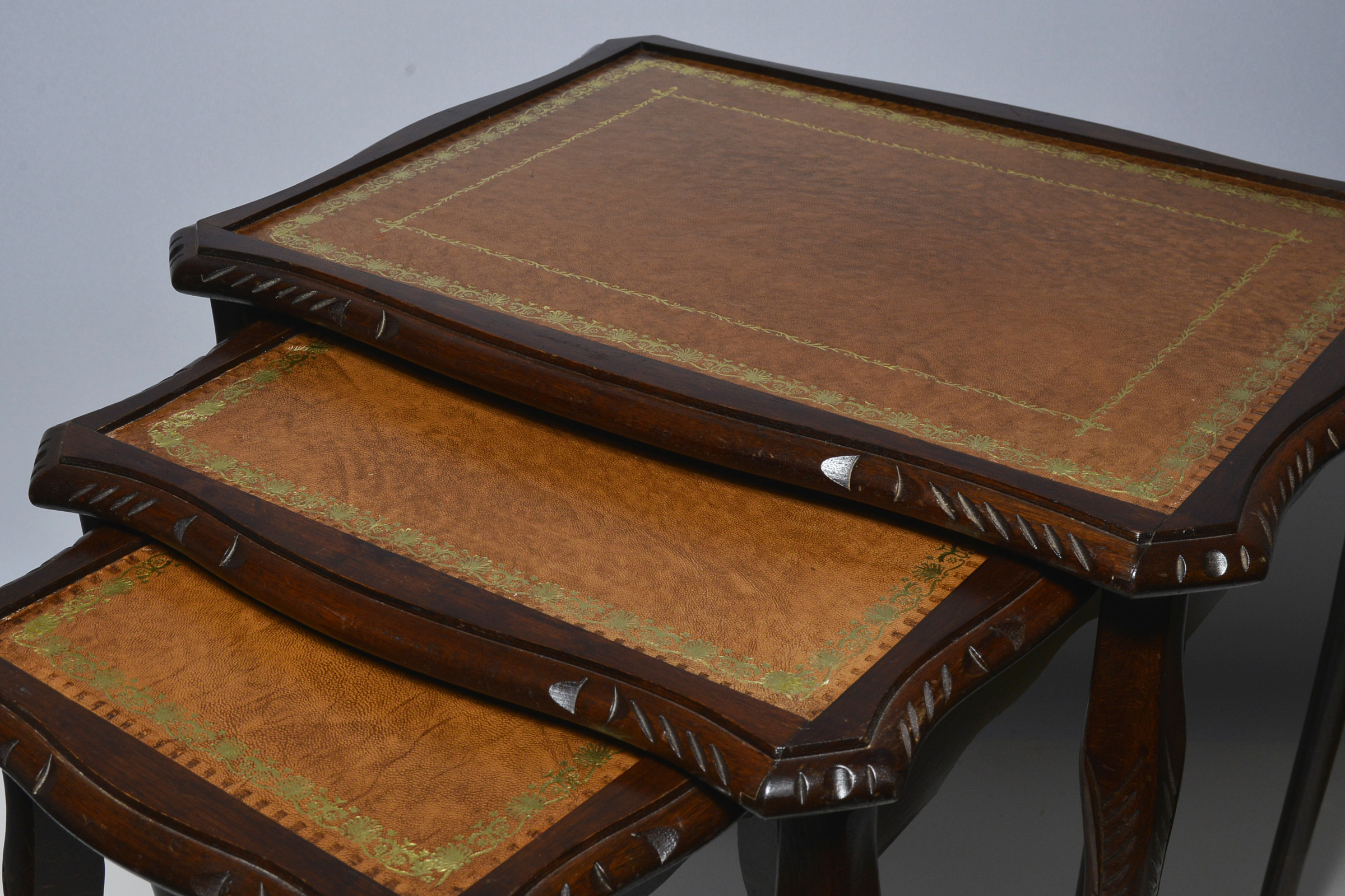 Antique Queen Anne Style Mahogany Leather Top Nest of 3 Tables