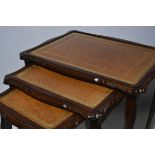 Antique Queen Anne Style Mahogany Leather Top Nest of 3 Tables