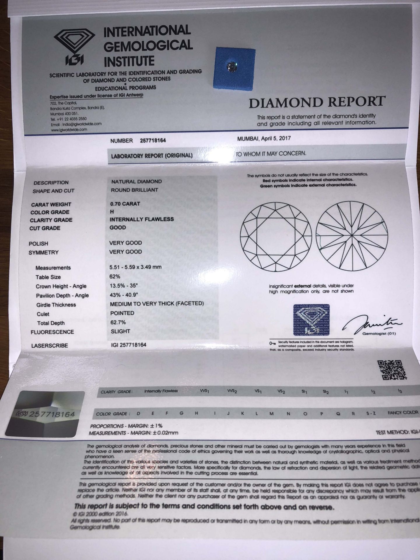 0.70 carat, IGI Certified, Natural IF Diamond - Image 6 of 9