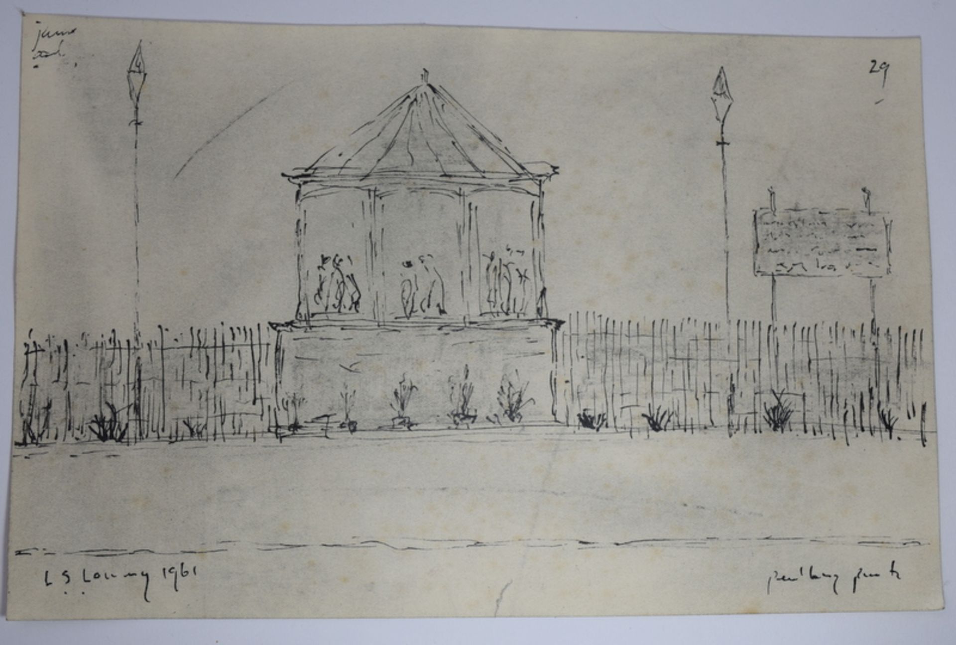 L.S.Lowry Signed Peel Park Bandstand. Dated 1961 ink on sketch pad paper.