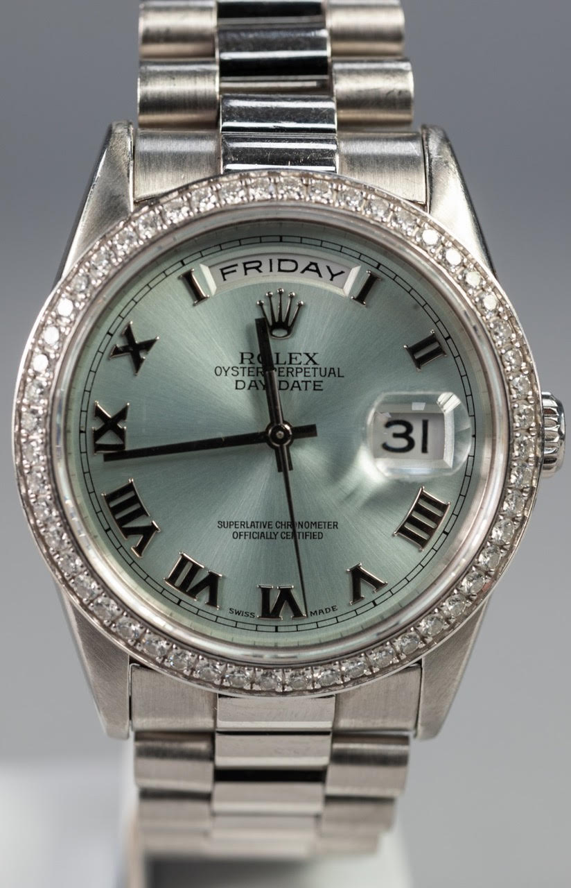 Men’s Platinum Rolex DayDate with Factory Set Roman Numeral Dial and Factory Set Diamond Bezel 36MM - Image 5 of 12