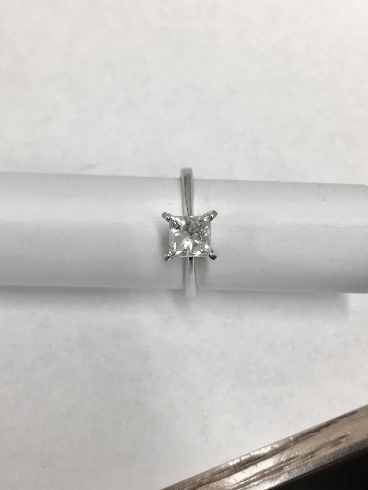 1.09ct diamond solitaire ring set with a princess cut diamond. J colour vs clarity excellent cut and