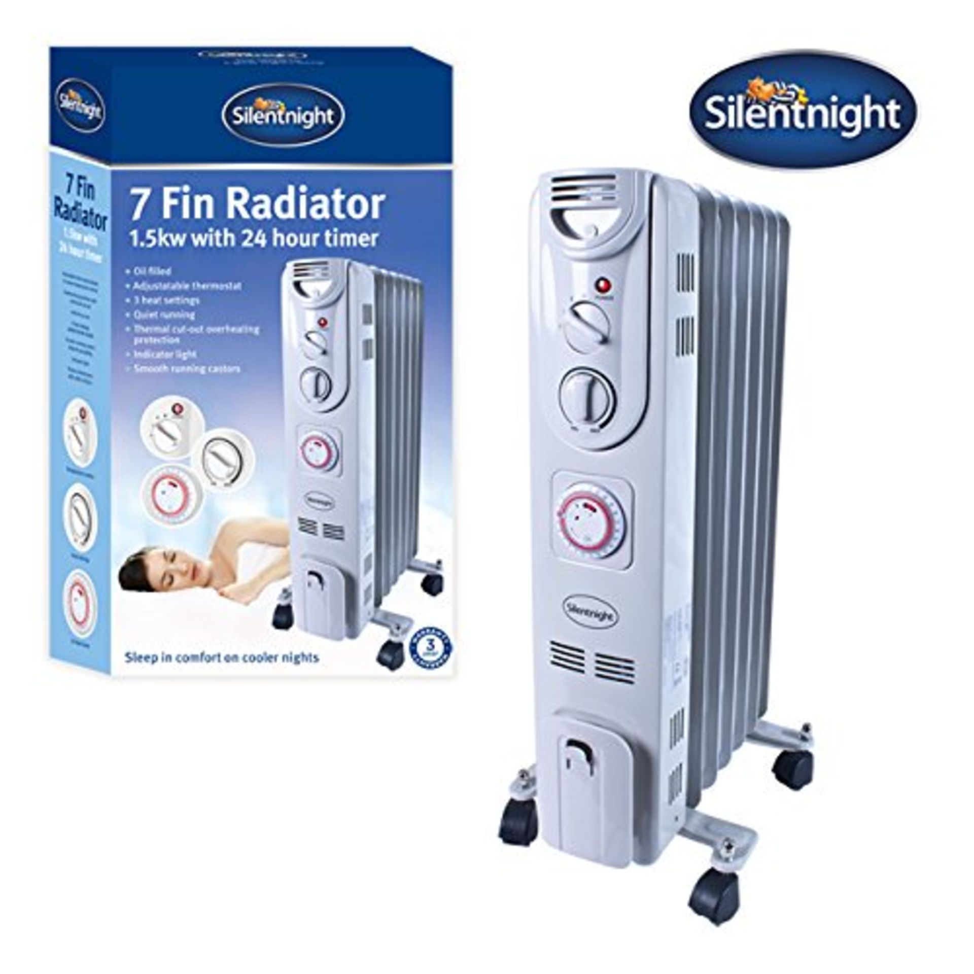 SILENTNIGHT 1.5kw 7-Fin Oil Filled Radiator with Timer, 1500 Watt. Silentnight Brand - The Secret