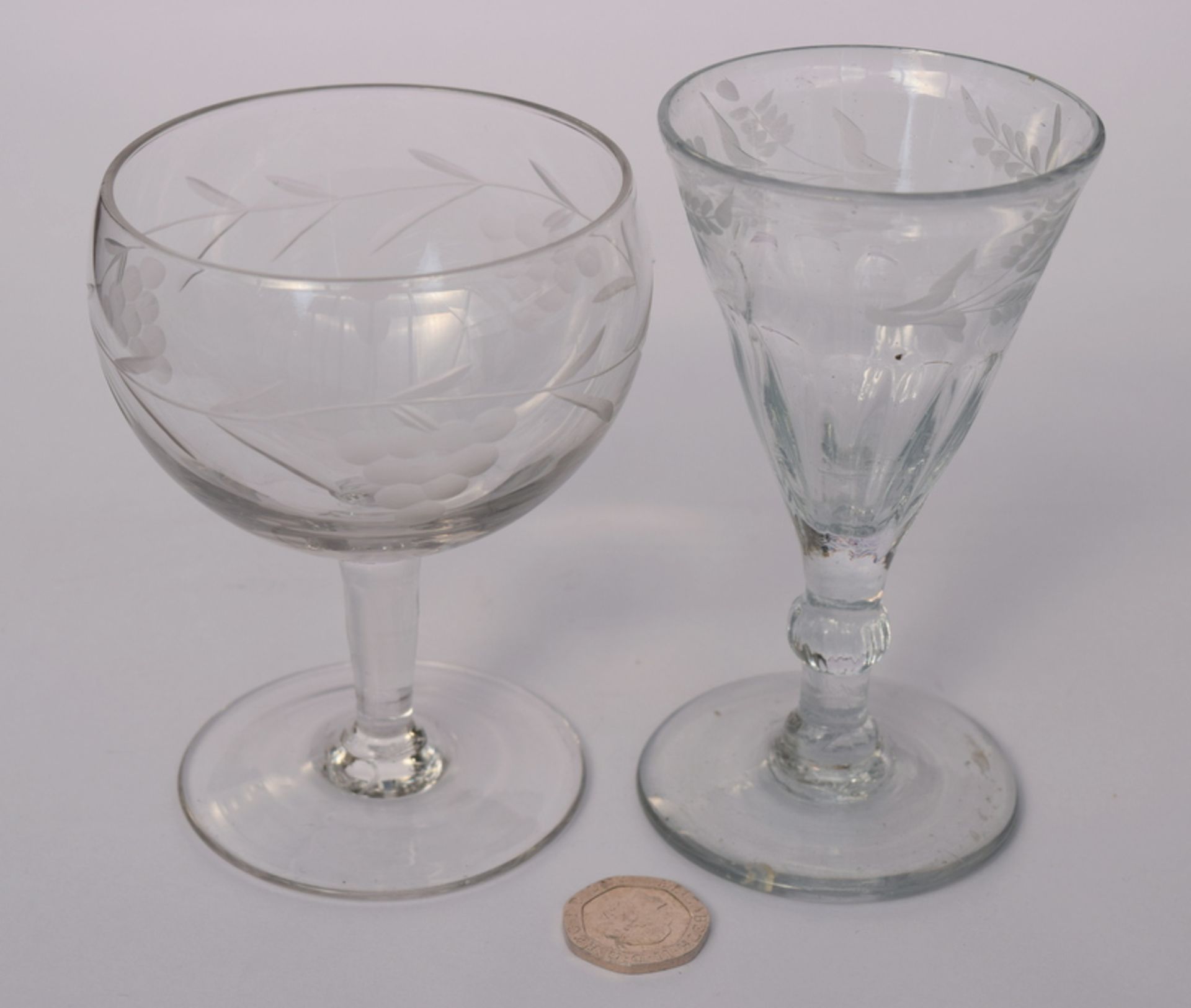 2 Victorian Engraved Wine Glasses