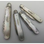 Group of Four Silver fruit knives with mother of pearl