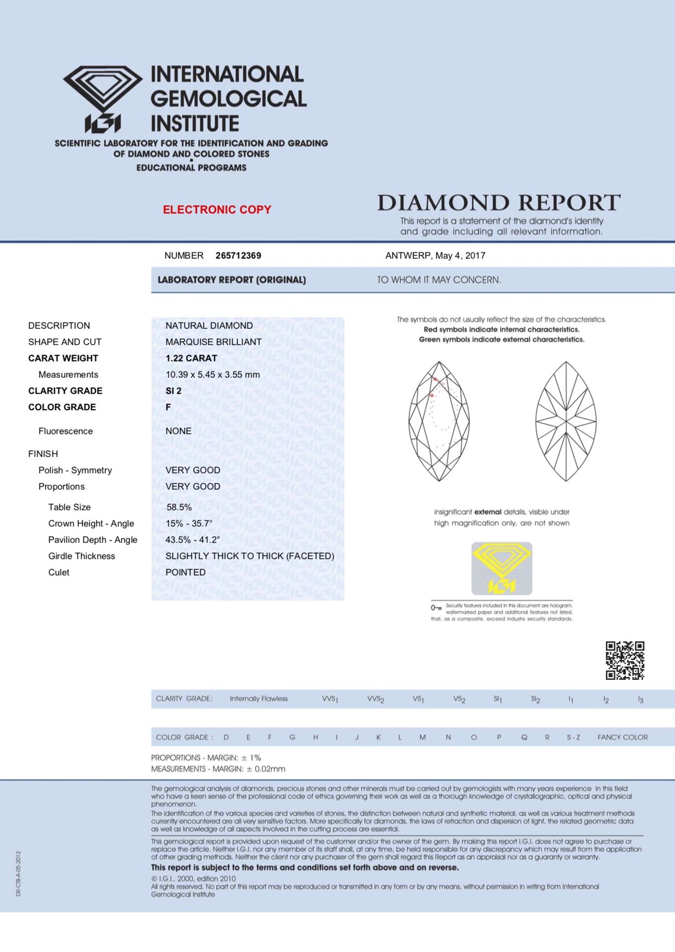 Marquise cut diamond,1.22ct,F colour,SI2 Clarity,IGI Certification https://igi.org/viewpdf.php?r=