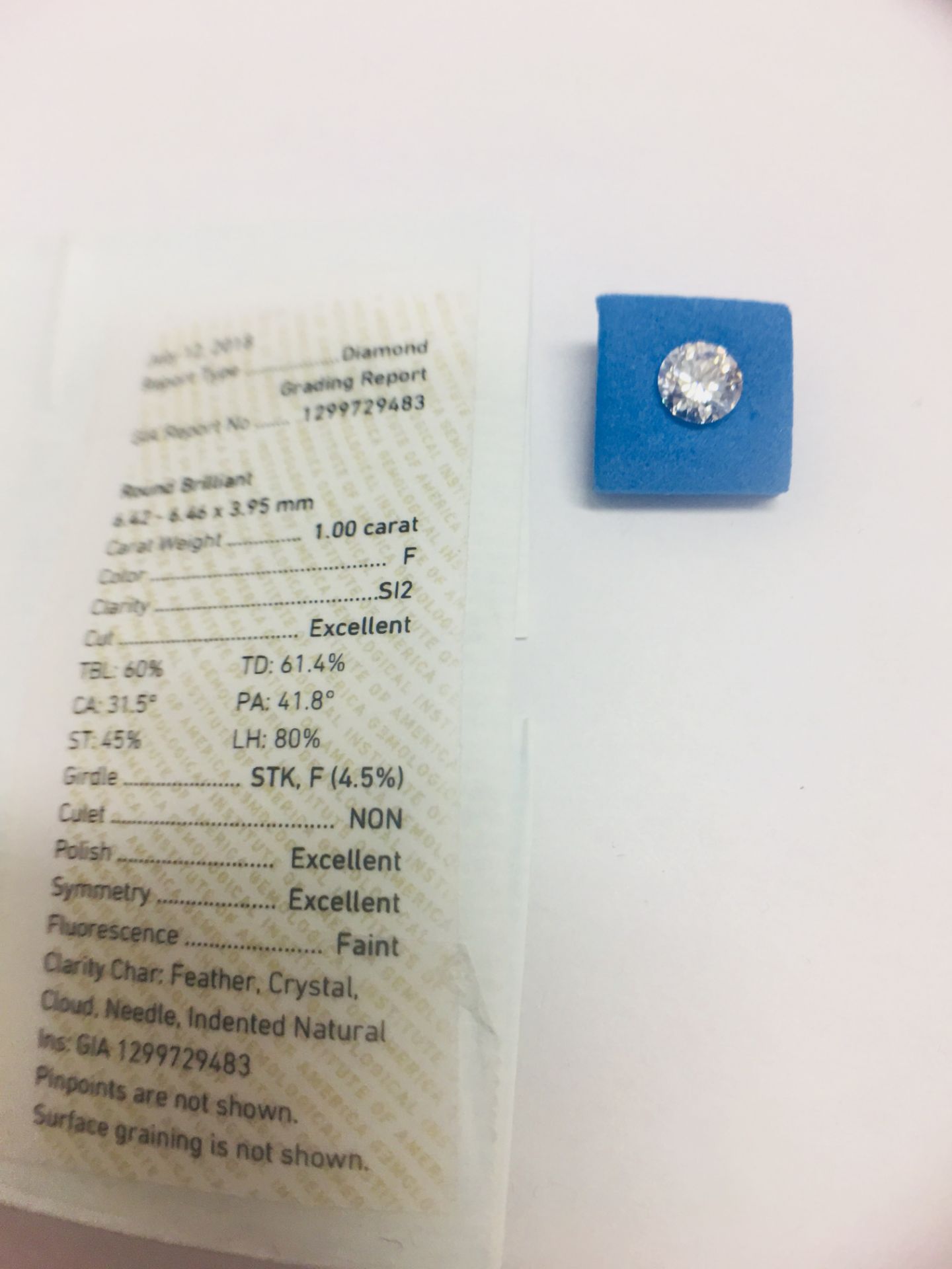 1ct Brilliant cut diamond,F colour,SI2 clarity,GIA certification - Image 2 of 2