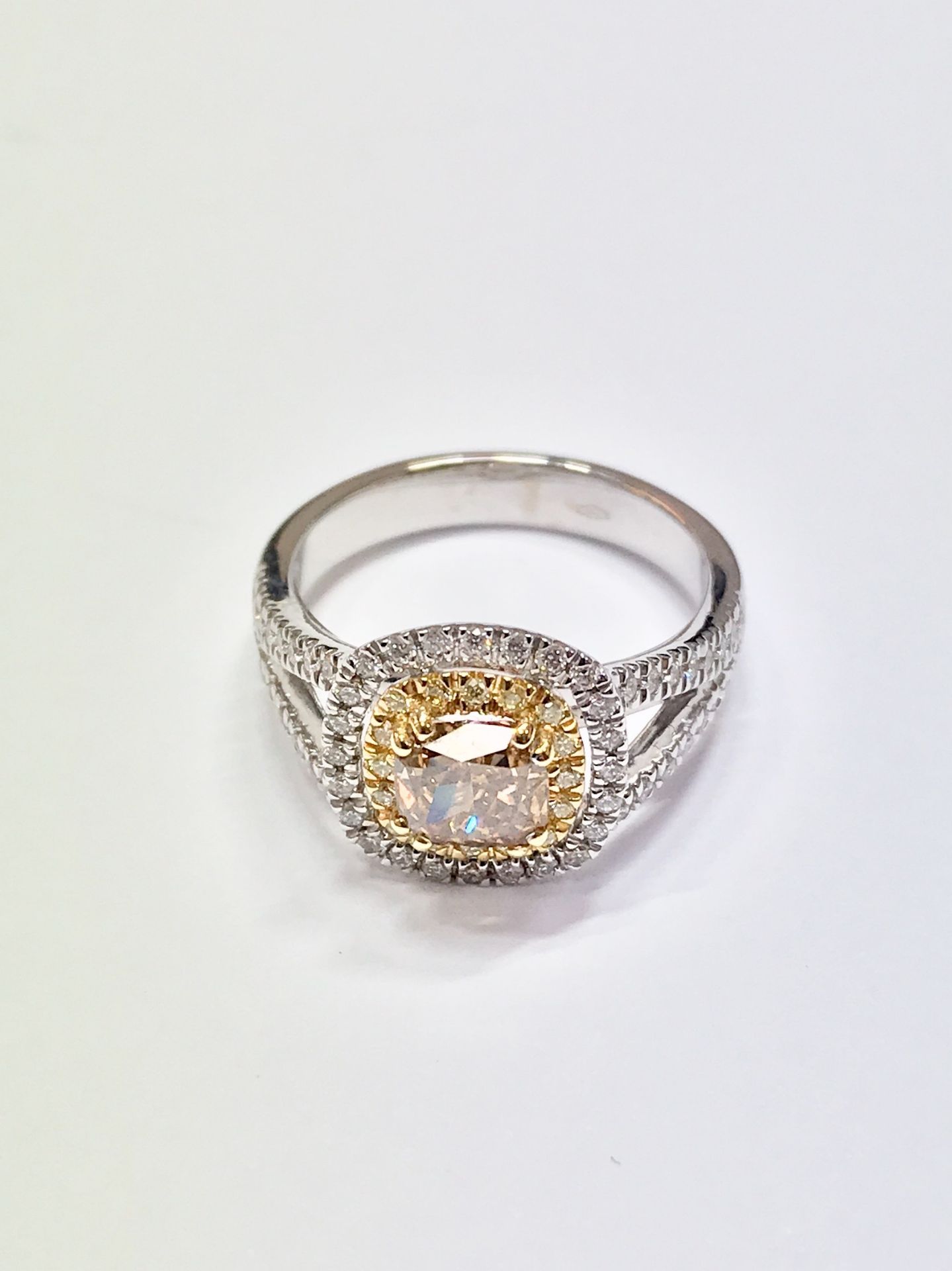 1.15ct diamond set solitaire ring with a yellow cushion cut yellow diamond and a halo setting and - Image 2 of 4