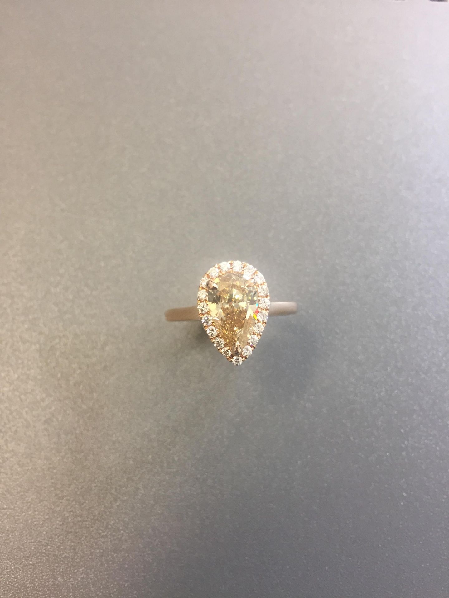 1.47ct pear shaped diamond set ring. Fancy yellow pear diamond, I1 clarity. Set in 18ct rose gold. - Image 2 of 6