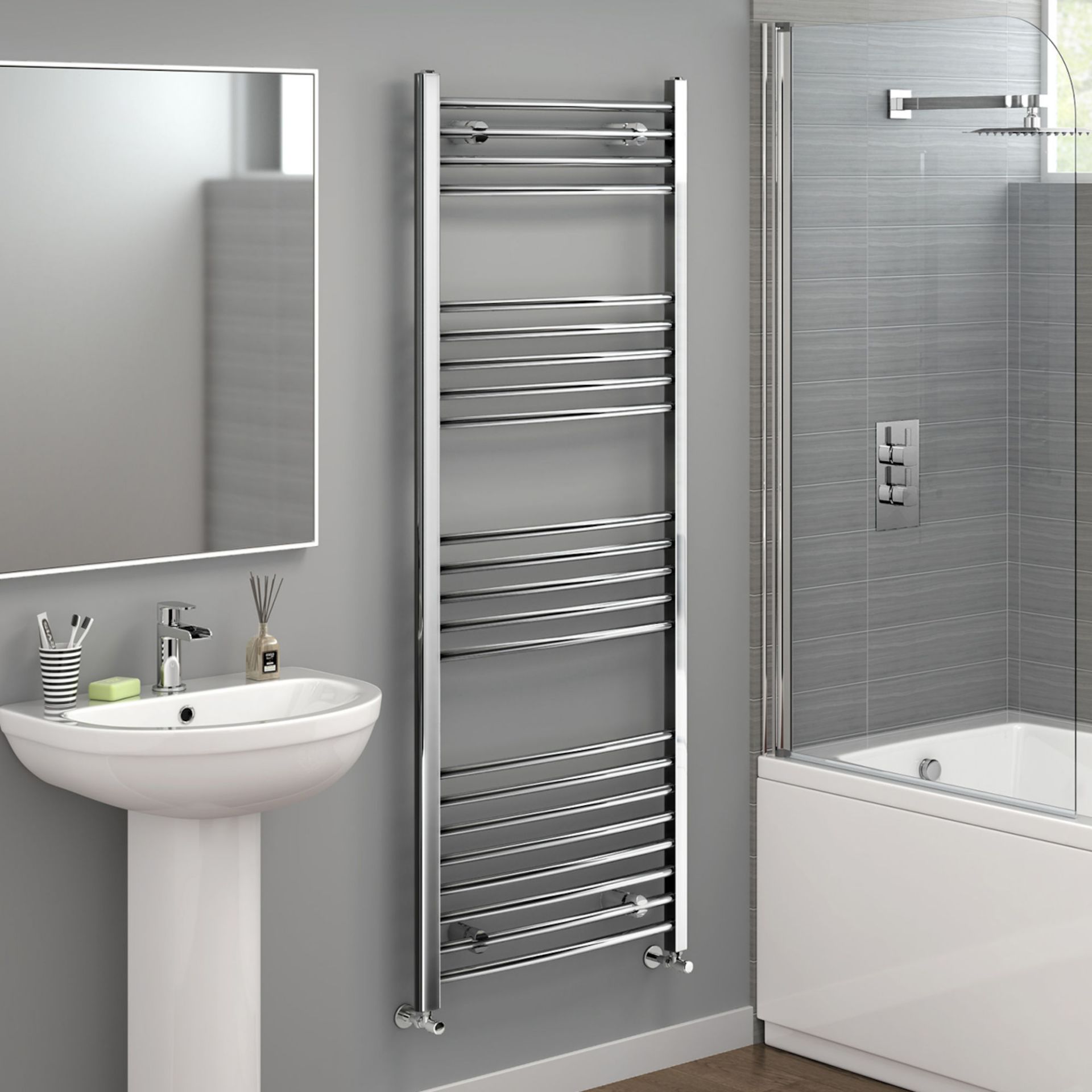 (PT21) 1600x600mm - 20mm Tubes - Chrome Curved Rail Ladder Towel Radiator. Made from chrome plated