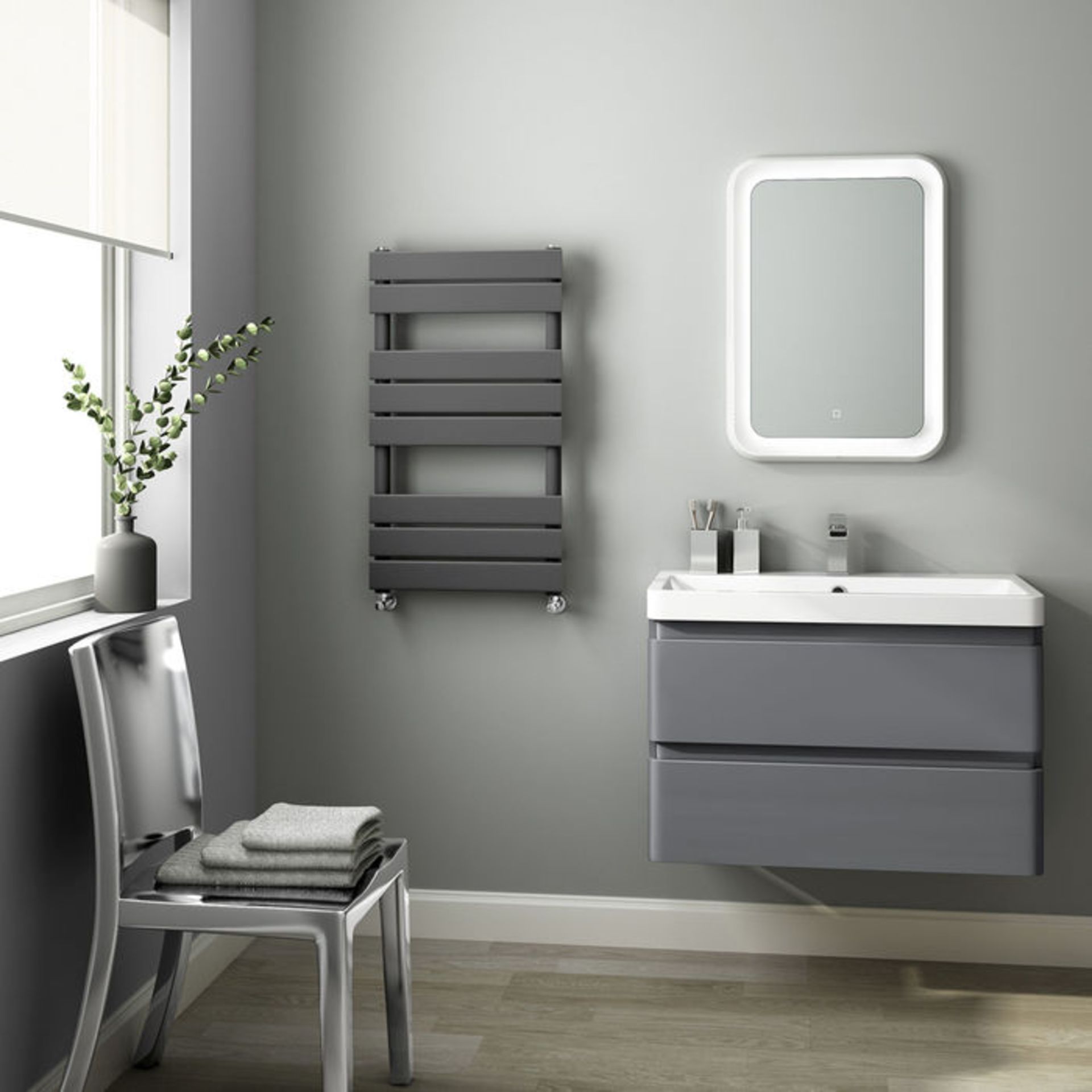 (XS320) 800x450mm Anthracite Flat Panel Ladder Towel Radiator. Made with low carbon steel, - Image 2 of 3