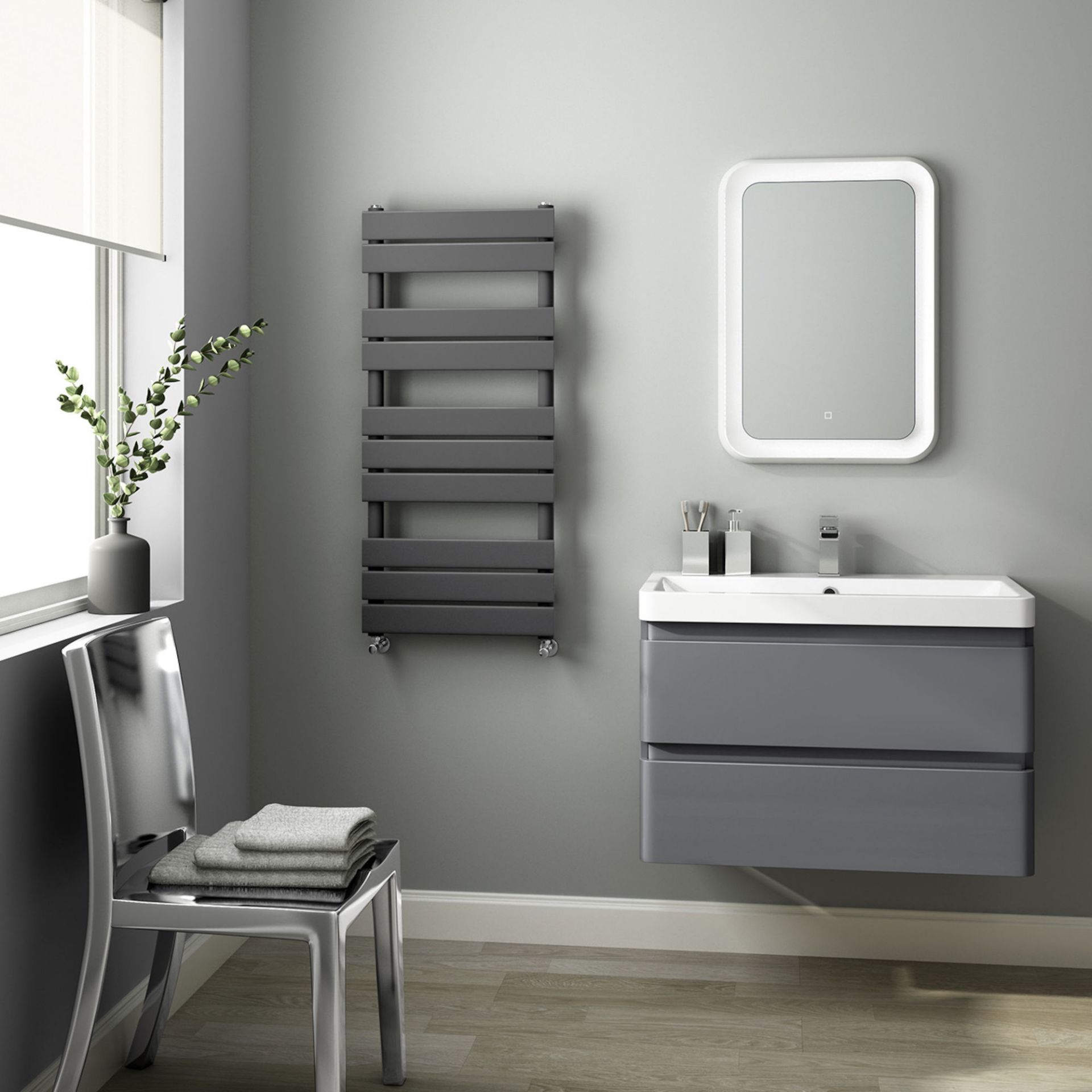 (PT255) 1000x450mm Anthracite Flat Panel Ladder Towel Radiator. RRP £119.99. Made with low carbon - Image 2 of 3