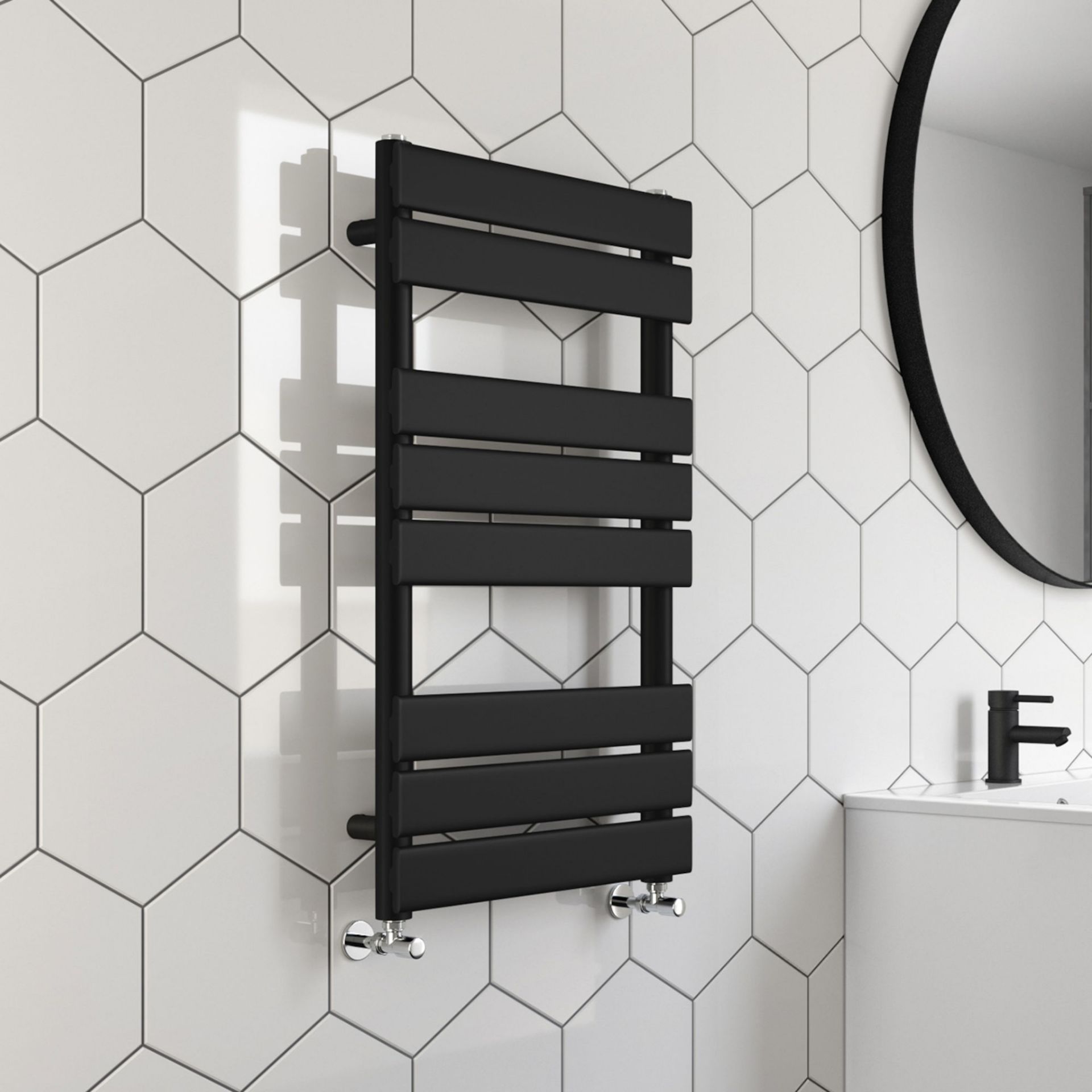 (PT28) 800x450mm Matte Black Flat Panel Ladder Towel Radiator. RRP £249.99. Our expertly